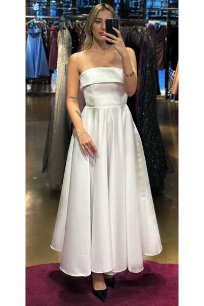 Abiyeniall Beyaz Straplez Yaka Kloş Etekli Saten Midi Abiye Elbise 7647