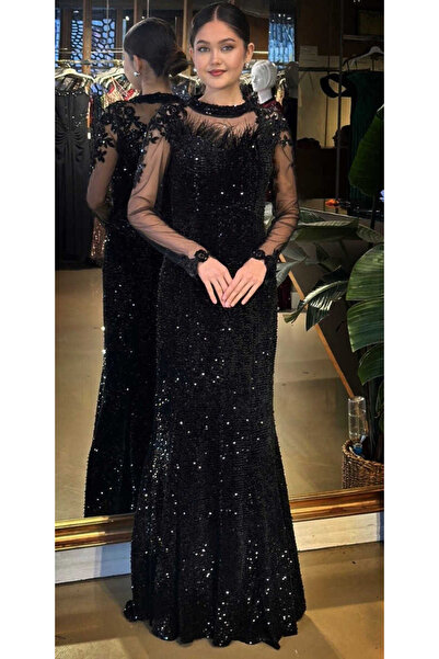 Abiyeniall Siyah Yuvarlak Yaka Uzun Kollu Tuy Detaylı Balık Etekli Likralı Pu...