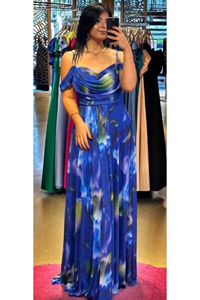 Abiyeniall Saks İp Askılı  Sırt Dekolteli  Kloş Etekli Desenli Uzun Abiye Elb...