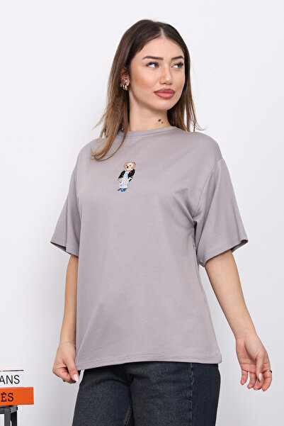 İmajButik Сіра вишивка Модальна короткий рукав T-Shirt