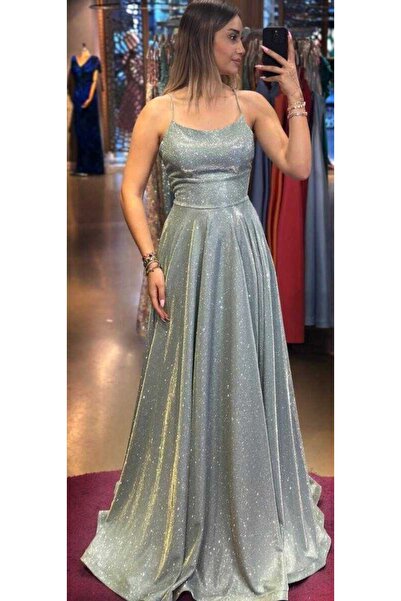 Abiyeniall Mint İp Askılı  Sırt Dekolteli  Kloş Etekli Simli Uzun Abiye Elbis...