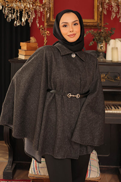 İmajButik Anthracite Belted Stamp Poncho