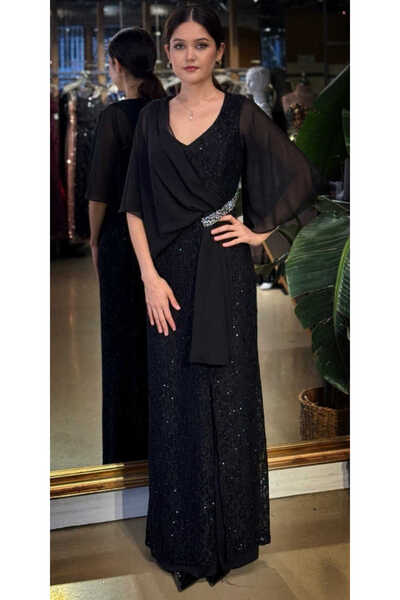 Abiyeniall Siyah V Yaka Kısa Kollu Taş Detaylı Düz Kesim Likralı Simli Uzun A...