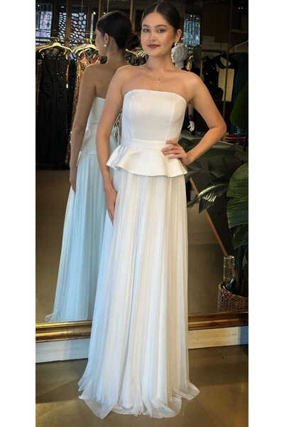 Abiyeniall Beyaz Straplez Yaka Sırt Dekolteli Kloş Etekli Şifon Uzun Abiye El...