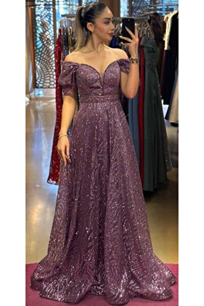 Abiyeniall Rochie de seară lungă cu mărgele de lavandă brodate cu guler Madon...