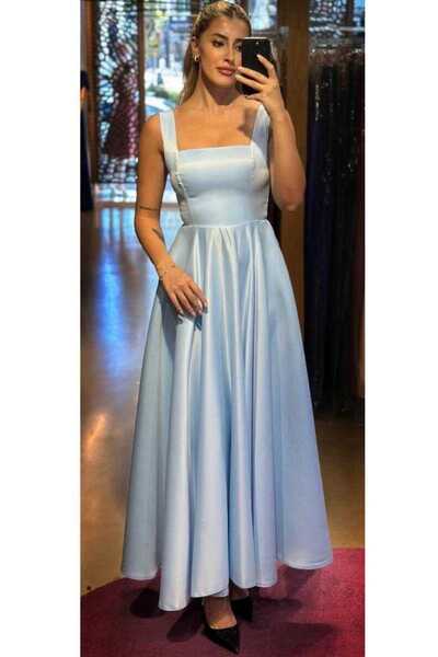 Abiyeniall Mavi Kalın Askı Kloş Etekli Saten Midi Abiye Elbise 7631