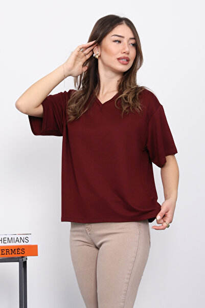 İmajButik Burgundy V-Neck Short Sleeve T-Shirt