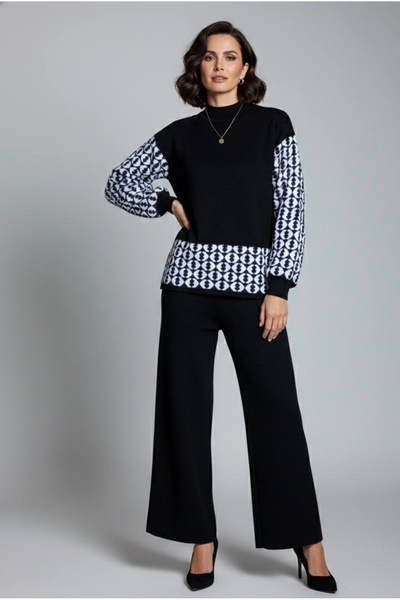 YusGos Women's Geometric Patterned Bottom Top Pants Sweater Knitwear Set