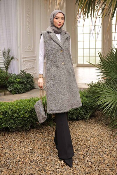 İmajButik Smoked Bag Angora Plush Fur Vest with Gift