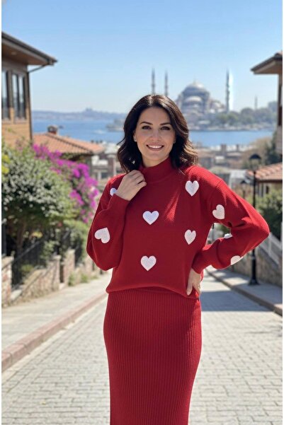 YusGos Women's Heart Patterned Sweater Dress