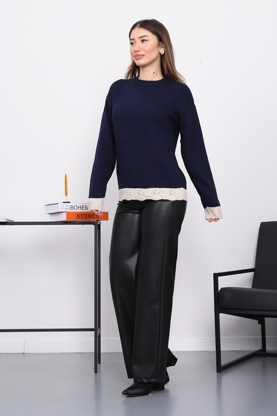 İmajButik Navy Blue Crew Neck Knit Sweater with Guipure Detail on Sleeves and Hem