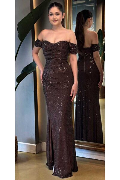 Abiyeniall Kahverengi Yırtmaçlı Düz Kesim Payet Uzun Abiye Elbise 7379