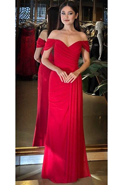 Abiyeniall Kırmızı Madonna Yaka Düz Kesim Likralı Tül Uzun Abiye Elbise 11079-06