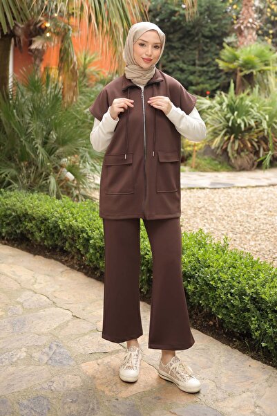 İmajButik Brown Scuba Vest Pants Three Piece Set
