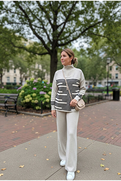 YusGos Women's Stripe Detailed Bottom Top Pants Sweater Knitwear Set