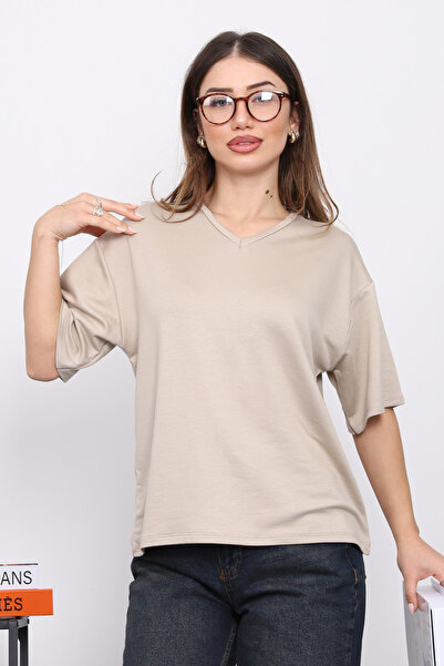 İmajButik Beige V-Neck Short Sleeve T-Shirt