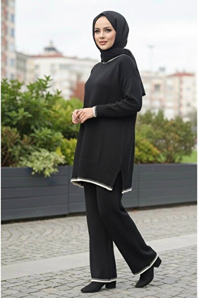 YusGos Women's Shepherd Stitch Comfortable Cut Half Turtleneck Oversized Hijab Knitwear Set