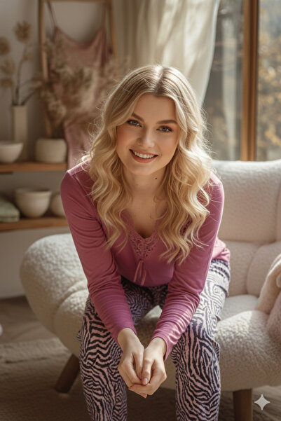 Miss Meryem Fuşya Yün Viskon Dantel Detaylı Uzun Kol Pijama Takım