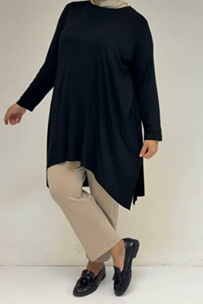 Eslina 58070 Large Size Asymmetrical Cut Combed Cotton Tunic - Black