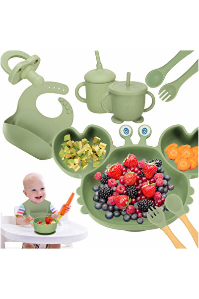 kik Set Diversificare Silicon pentru Copii Crab 19 piese – Farfurii, Boluri, Tacâmuri & Cana Verde