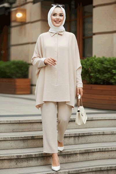 Neva Style Beige Hijab Double Set - Buttoned, 67751BEIGE