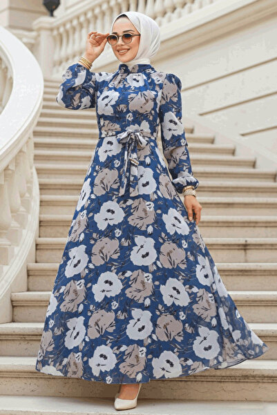 Neva Style Φόρεμα Ινδικό Μπλε Χιτζάμπ με Μοτίβο Λουλουδιών 27939IM