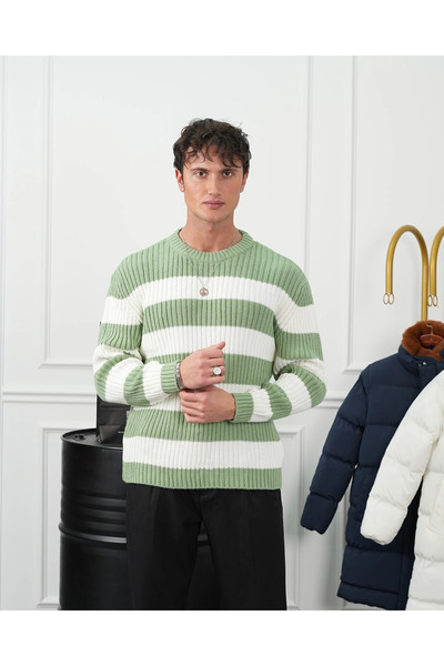 MODEFENDİ سترة تريكو رجالية خضراء مخططة بـ قصة فضفاضة خطوط من سيلانيك بياقة د...