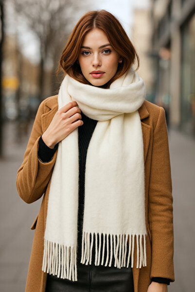 Adorisse Kadın Basic Ekru Püsküllü Buklet Atkı - Şal 45x200 Cm Sal1285