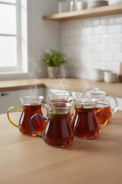 Kitchen Way Renkli Kulplu Cam 150ML Keyfi Ala Katre 6 Lı Desenli Borosilikat Bardak Seti KW-633