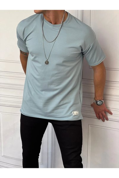 MODEFENDİ Erkek Mavi Pamuk Likra Yırtmaç Detaylı 2 İplik Oversize Tshirt