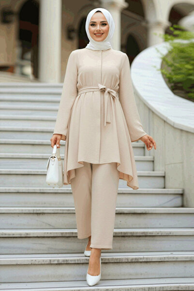 Neva Style Beige Asymmetrical Hijab Double Set - 65875BEIGE