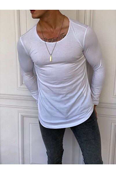 MODEFENDİ تي شيرت رجالي أبيض قصة ضيقة ذو قصة بيضاوية وأكمام طويلة من القطن ال...