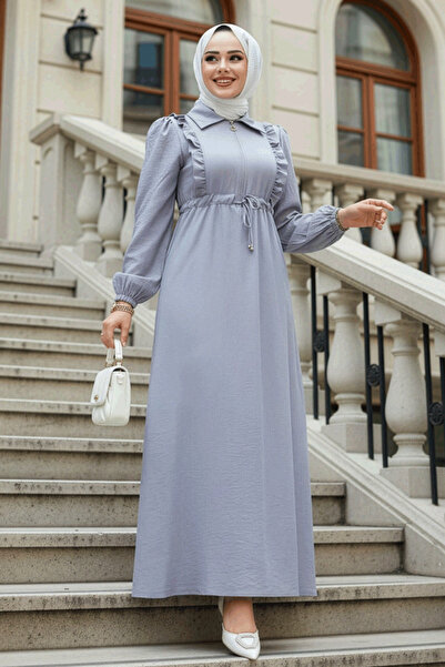 Neva Style Rochie hijab gri cu fermoar 17021GR