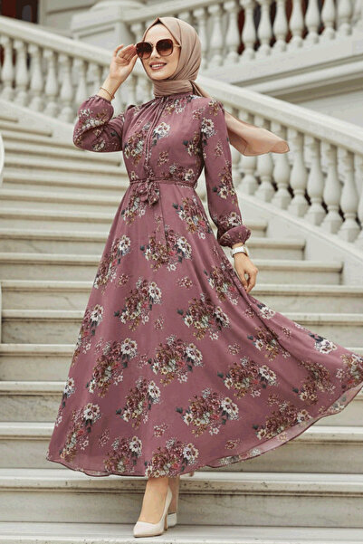 Neva Style Çiçek Desenli Gül Kurusu Tesettür Elbise 279082GK