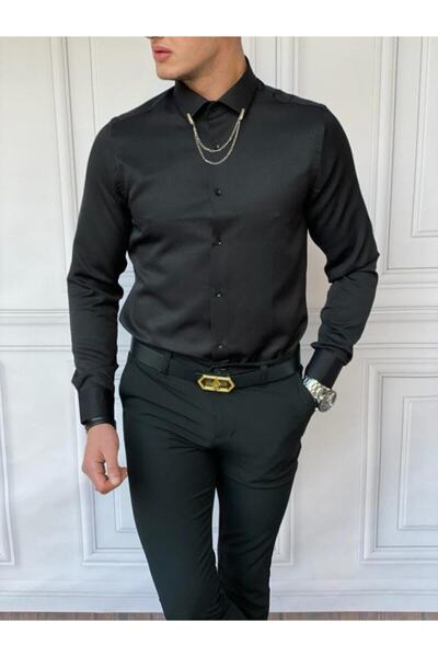 Phimoda Erkek Siyah Slim Fit Pamuk Örme Bebe Yaka Siyah Gömlek