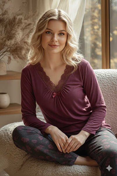 Miss Meryem Bordo Yün Viskon Dantel Detaylı Uzun Kol Pijama Takım