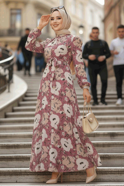 Neva Style Φόρεμα Hijab με σχέδιο λουλουδιών Dusty Rose 27939GK
