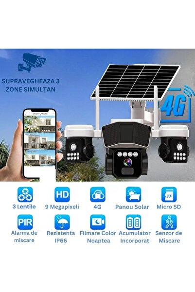 OEM Cameră 4G Solară 3-în-1 CLAUSTEEL – 3 Lentile, IP66, 16000mAh + Card 128GB + SIM