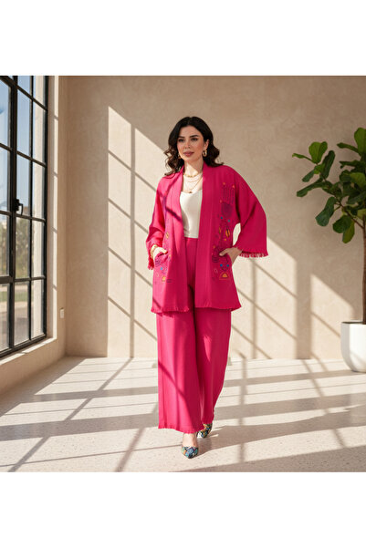 MQ طقم نسائي جاكيت كم طويل بدون ازرار بنقشة وبنطلون طويل