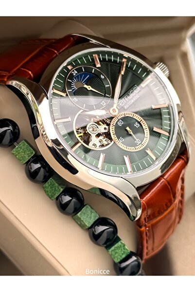 Ferrucci Automatic Men's Watch Leather Strap Brown Function, Prayer Beads Bracelet