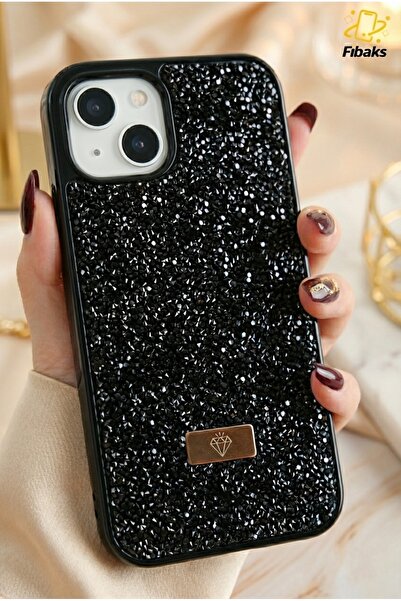 Fibaks İphone 13 - 14 - 15 Uyumlu Kılıf Içi Kadife Elmas Tasarımlı Siyah Taşlı Işıltılı Pırlanta Silikon