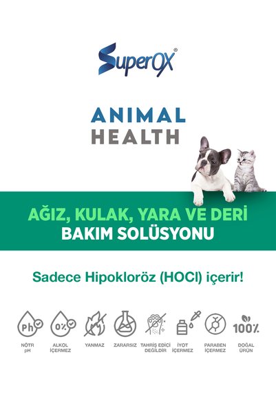 SuperOX Doğal ve Alkolsüz Ağız Kulak Yara ve Deri Bakım Solüsyonu Hayvan Sağlığı, Hipokloröz İçeren 250 ML