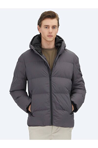 Kip Gri Kapüşonlu Casual Dokuma Kaban