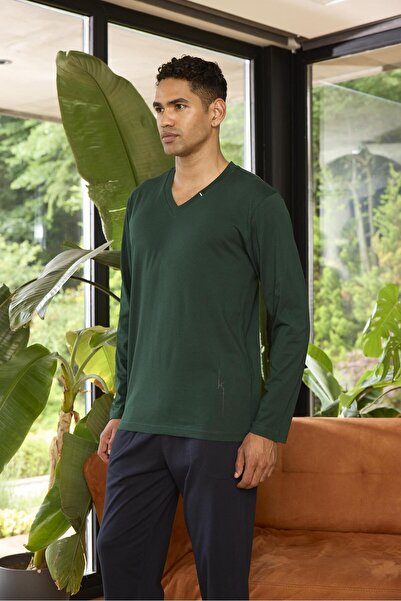 KLY 9269 Чоловічий піжамний комплект з V-подібним коміром, зручним кроєм та довгими рукавами