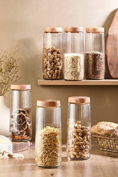 Kitchen Life 6 Pieces 1.5 Liter Mega Size Bamboo Lid Look Striped Jar Set 1500 ml