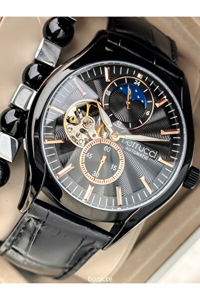 Ferrucci OTOMATİK (Pilsiz) Erkek Saat, Siyah Deri Kordon, Şık Kutuda, Bileklik Hediyeli