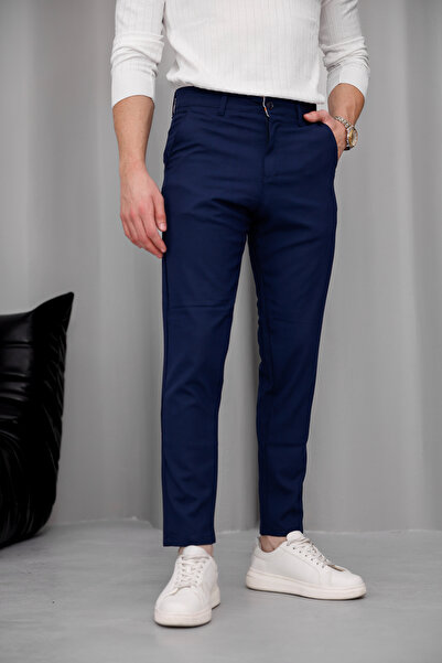 MODAMESTO Pantaloni din material textil pentru bărbați, albastru marin slim f...