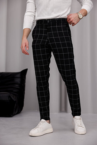 MODAMESTO Ανδρικό μαύρο καρό υφασμάτινο παντελόνι με λεπτή εφαρμογή