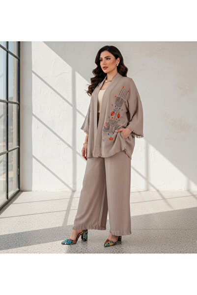 MQ طقم نسائي جاكيت كم طويل بدون ازرار بنقشة وبنطلون طويل