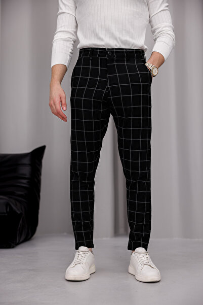 MODAMESTO Ανδρικό μαύρο καρό υφασμάτινο παντελόνι με λεπτή εφαρμογή